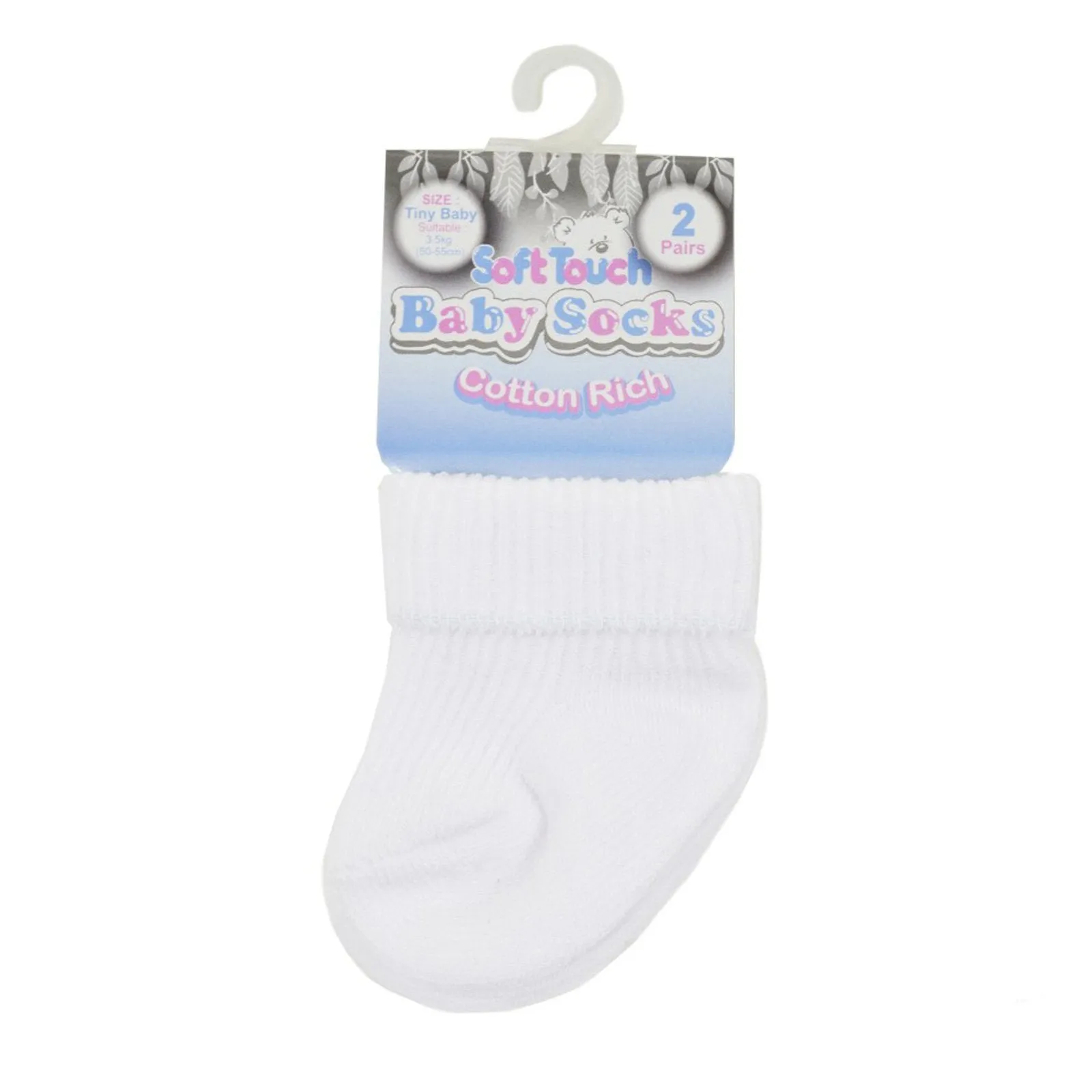 2 PAIR PREMATURE WHITE RIBBED SOCKS (PK6) (TINY BABY) PRS03-W