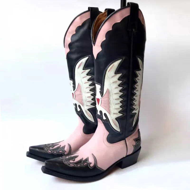 2023 Pinkpointe toe thick heel V mouth cowgirl boots  knee boots all-match embroidery high tube thin fashion boots women