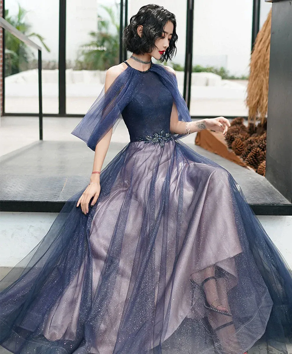 A-Line Halter Tulle Floor Length Prom Dress, Blue Long Party Dresses Y1854