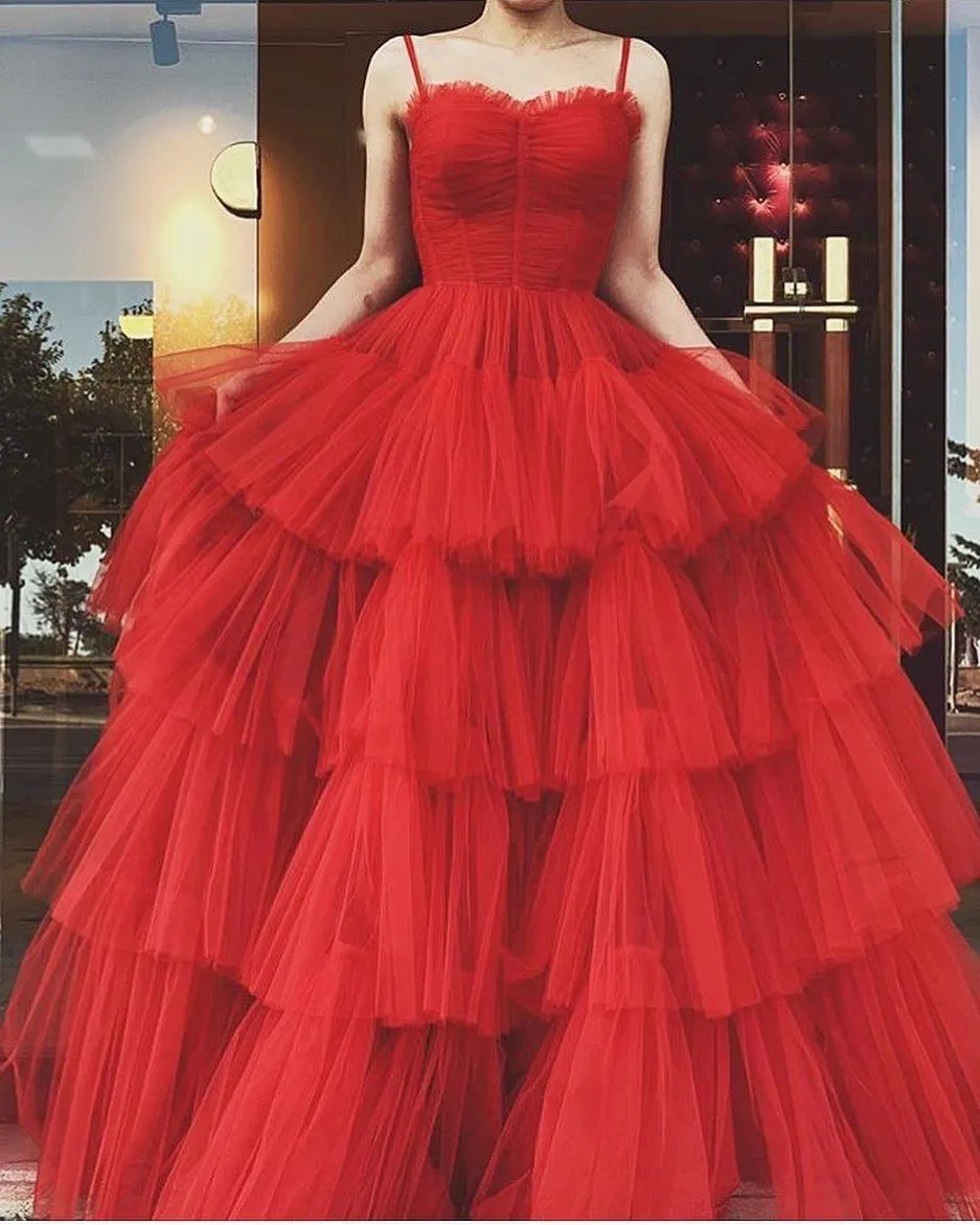 A-line Spaghetti Straps Red Tulle Tiered Prom Dress,Red Evening Gown  Y4644