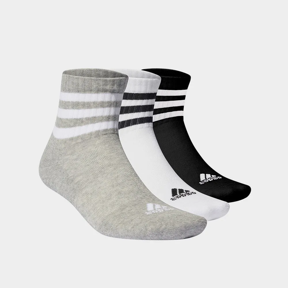 Adidas Unisex 3 Pack 3 Stripe Cushioned Sportswear Mid Cut Sock Grey/White/Black _ 182423 _ Multi