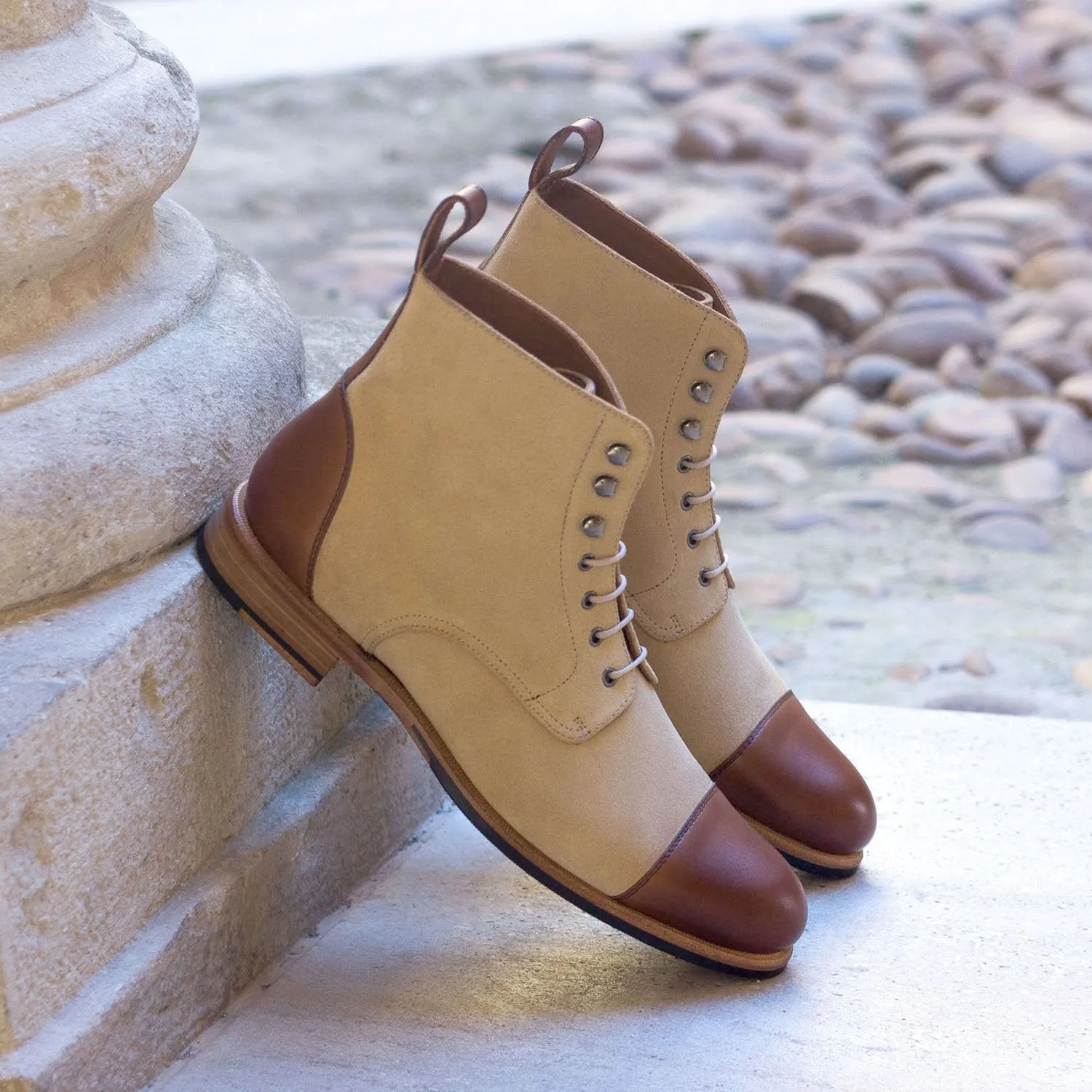 Ambrogio Bespoke Custom Women's Custom Made Shoes Sand & Brown Suede / Calf-Skin Leather Brogue Boots (AMBW1044)