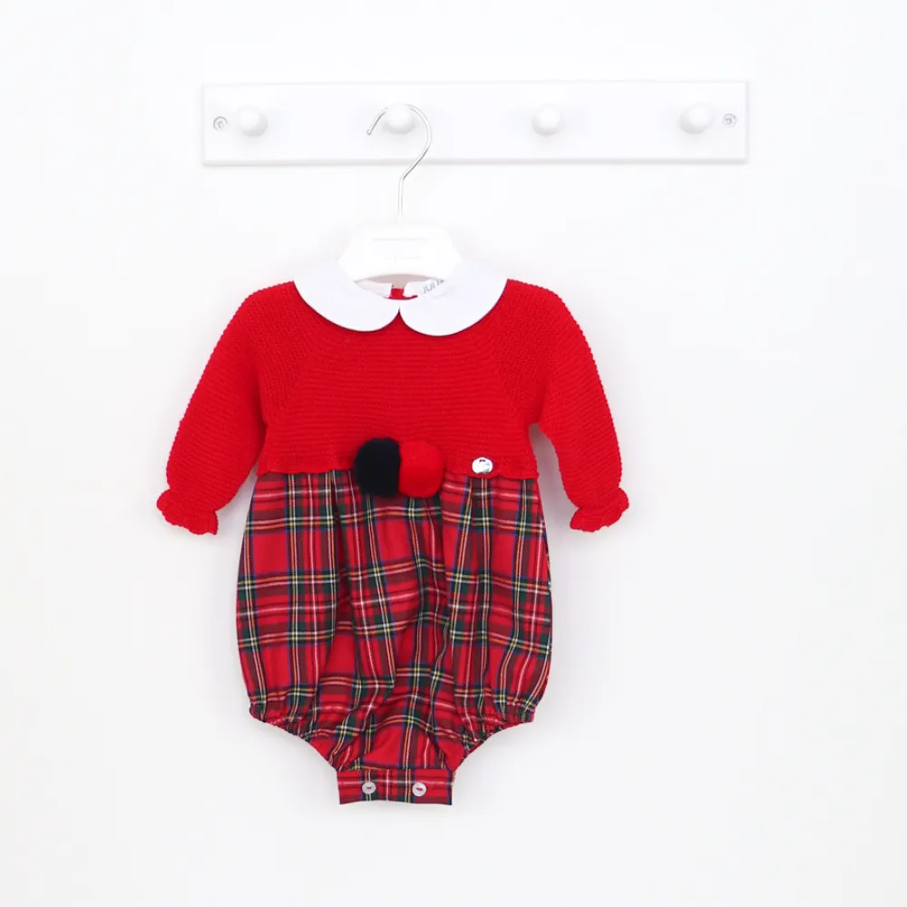 AW Juliana Red Half Knit Tartan Pom Pom Romper