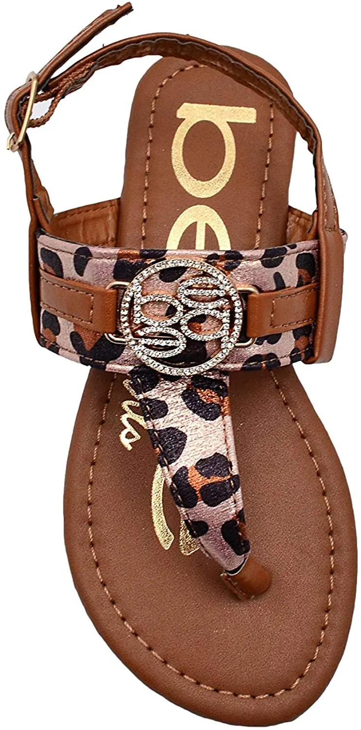 bebe Girls Big Kid Leopard Print T-Strap Thong Slide Sandal with Adjustable Back Strap