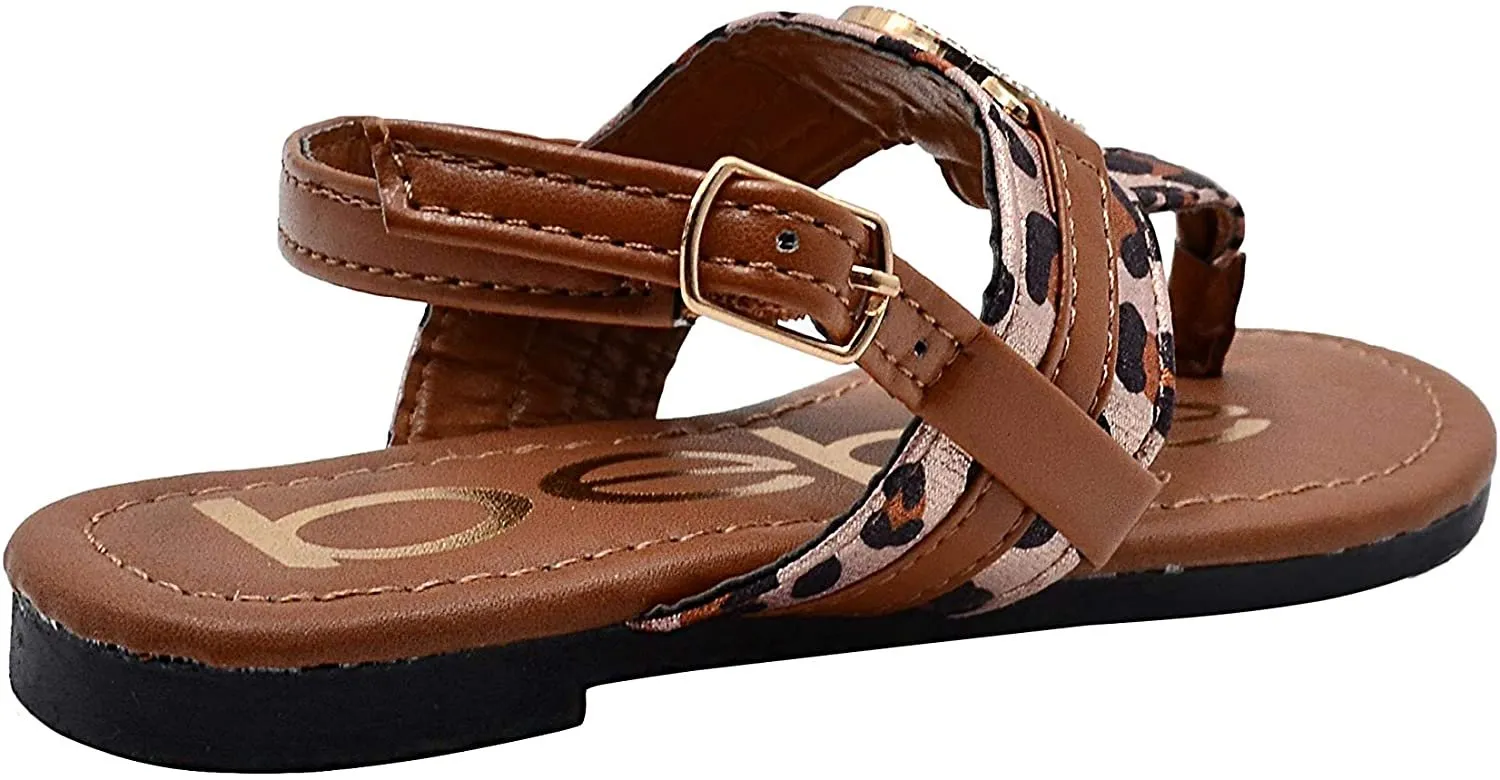 bebe Girls Big Kid Leopard Print T-Strap Thong Slide Sandal with Adjustable Back Strap