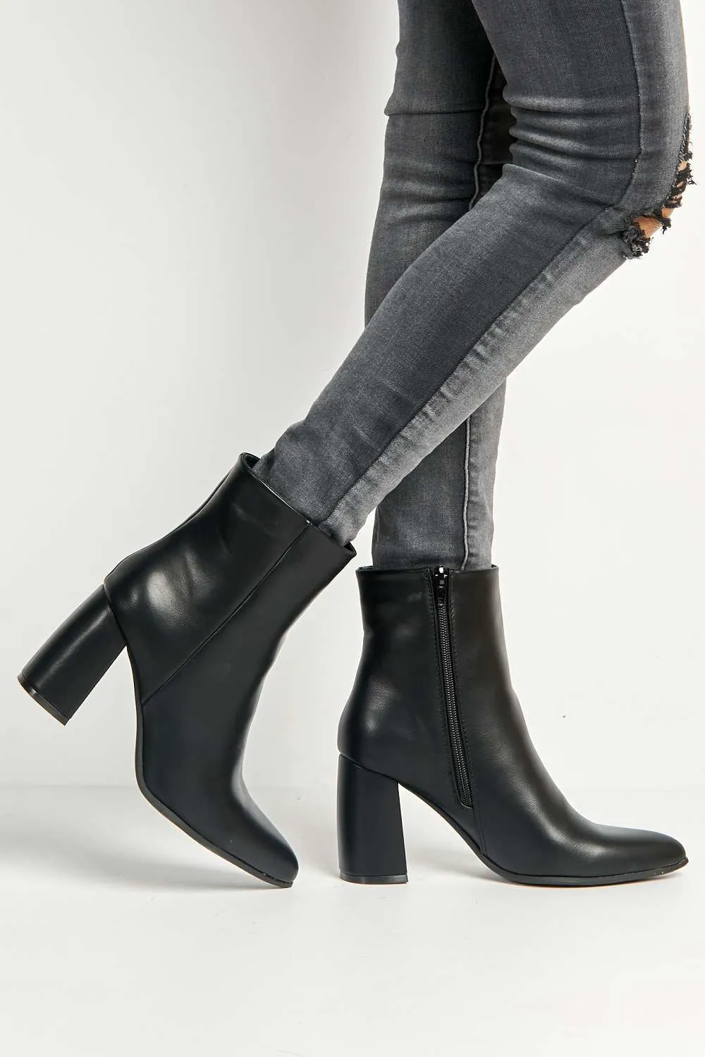 Billie Pointed Toe Block Heel Ankle Boots in Black Matt