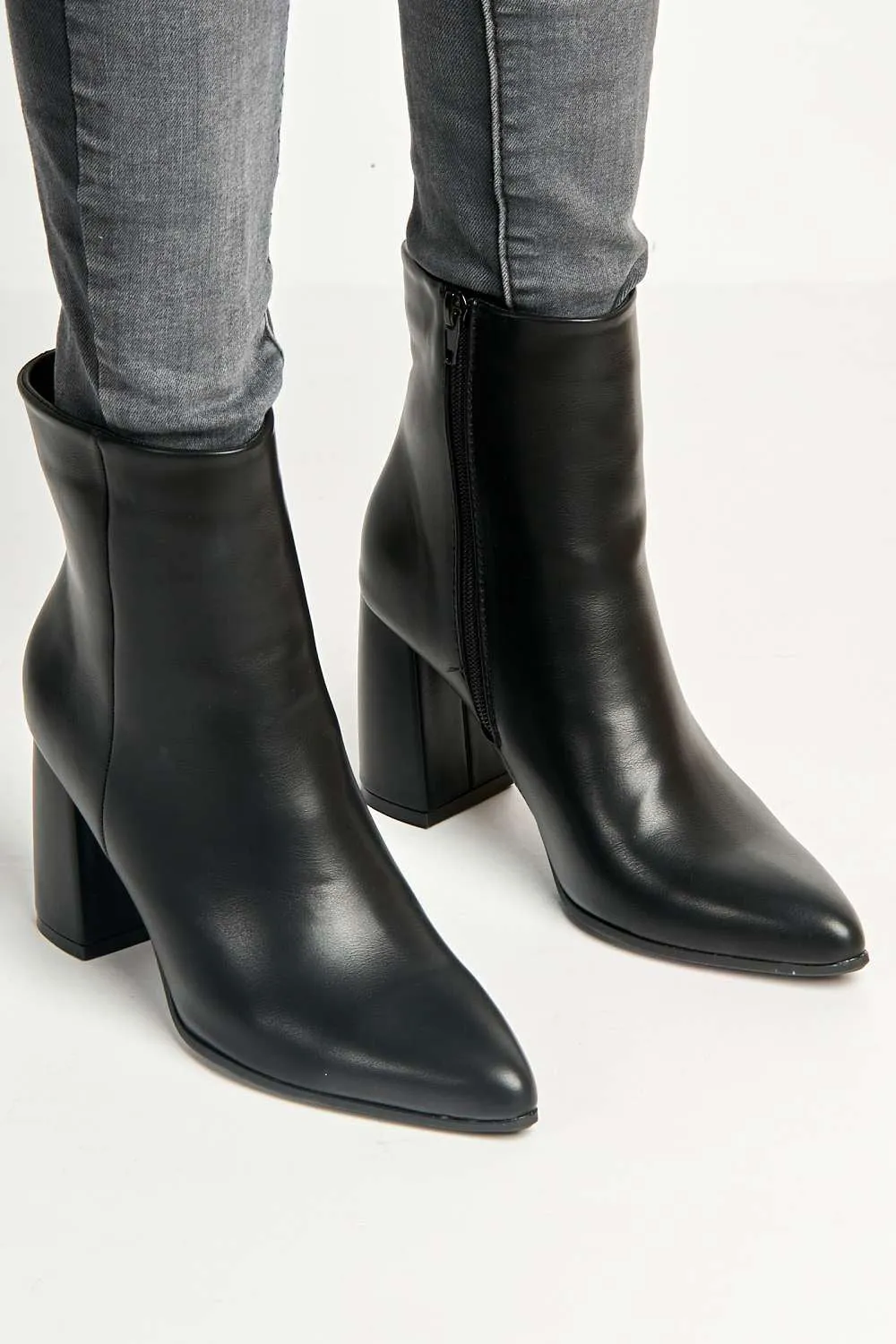 Billie Pointed Toe Block Heel Ankle Boots in Black Matt