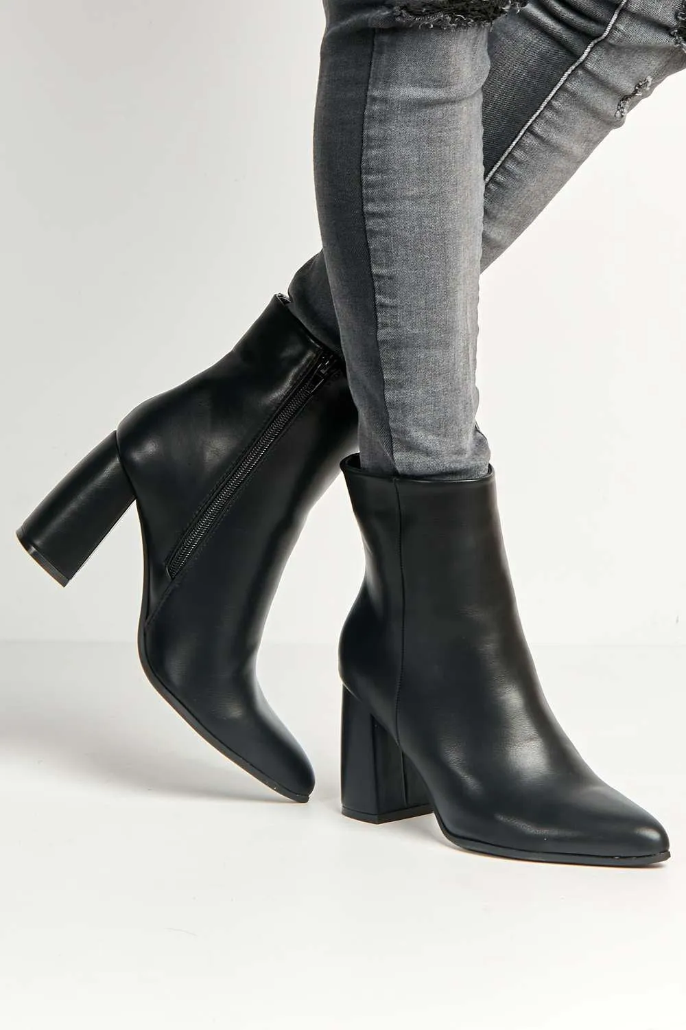 Billie Pointed Toe Block Heel Ankle Boots in Black Matt