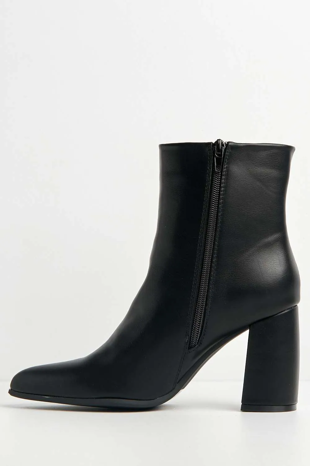 Billie Pointed Toe Block Heel Ankle Boots in Black Matt