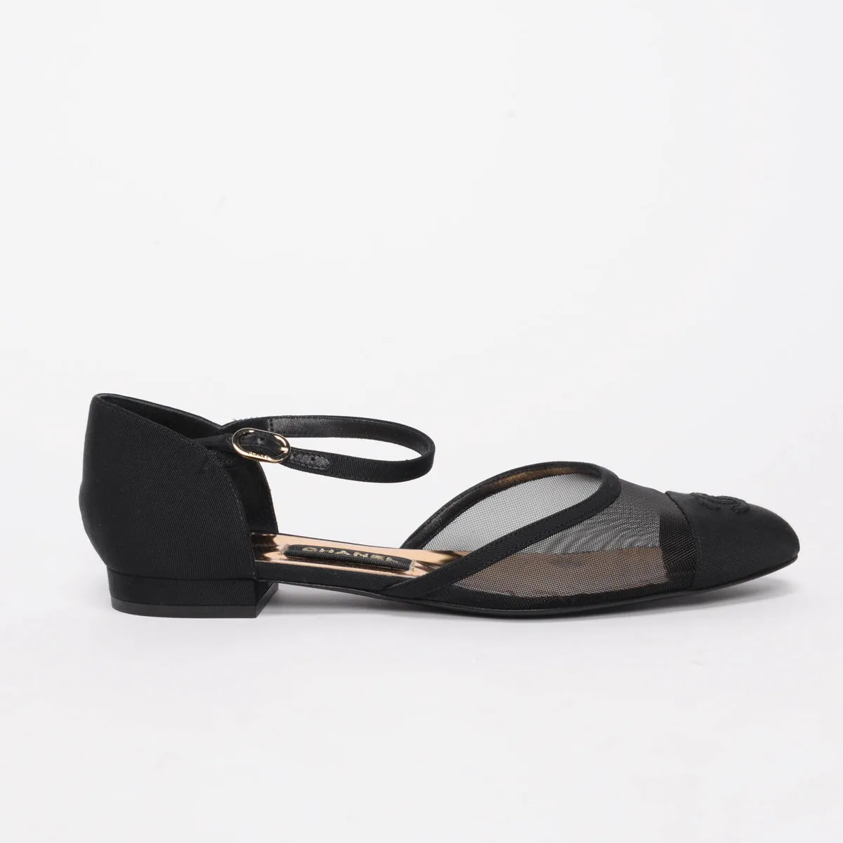 Chanel Black Mesh & Grosgrain CC Mary Jane Flats 38.5