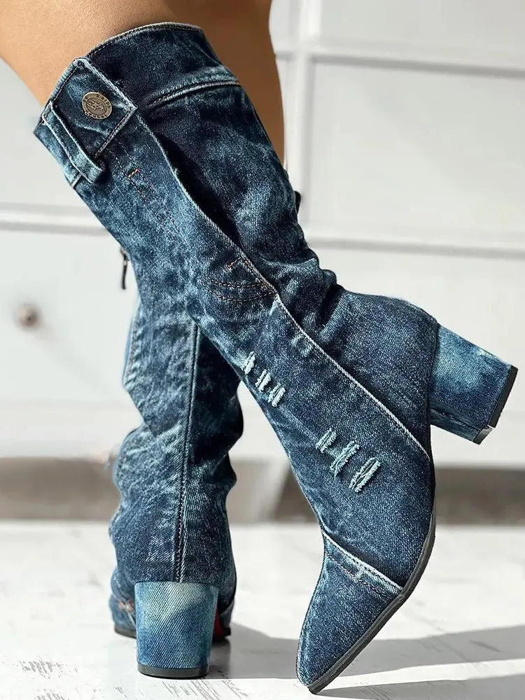 Chunky Heel Denim Boots