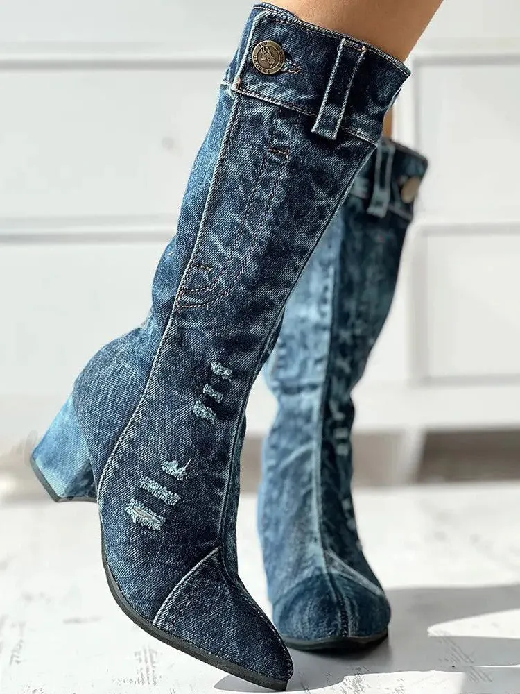 Chunky Heel Denim Boots