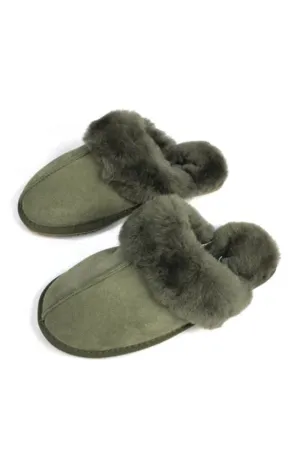 Classic Khaki Green Sheepskin Slippers