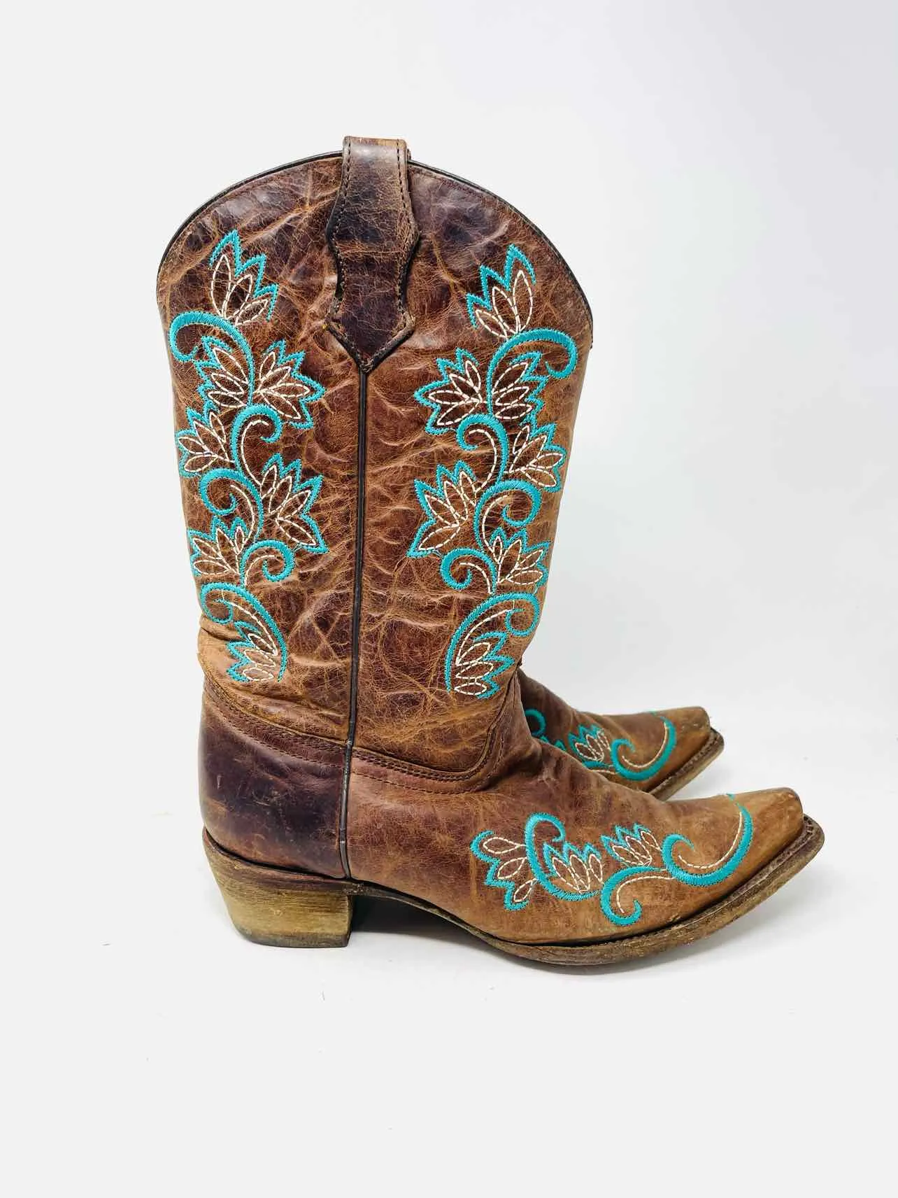 Corral Size 6 Brown/Turquoise Embroidered Leather Shoes Boots