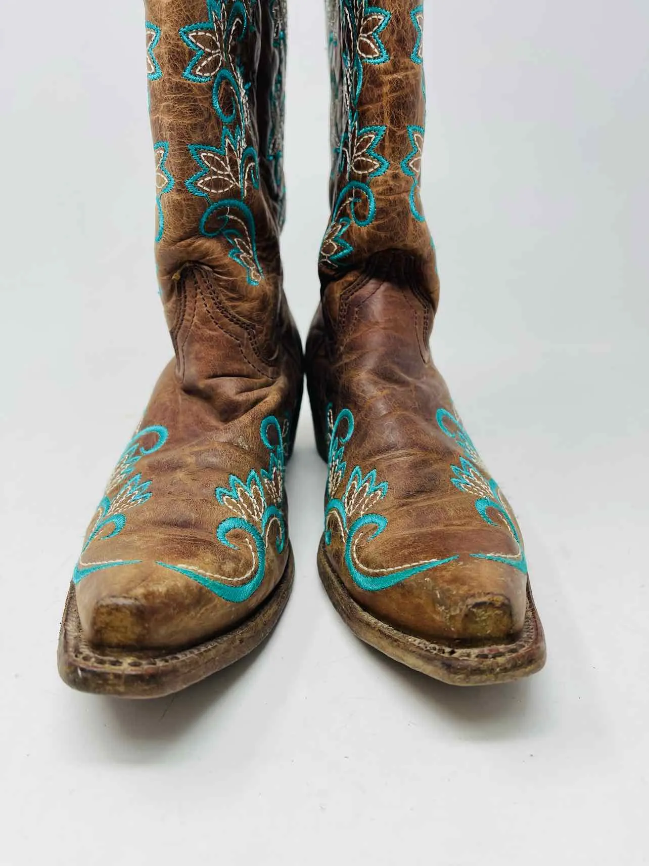 Corral Size 6 Brown/Turquoise Embroidered Leather Shoes Boots