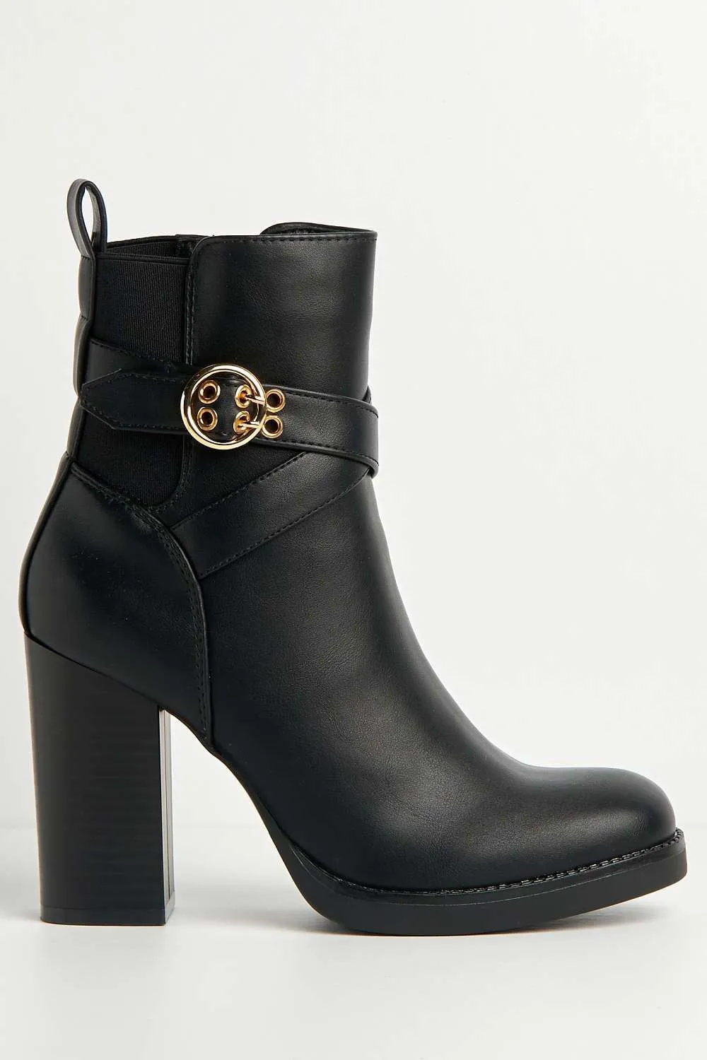 Dagny Buckle Detail Block Heel Boots in Black Matt