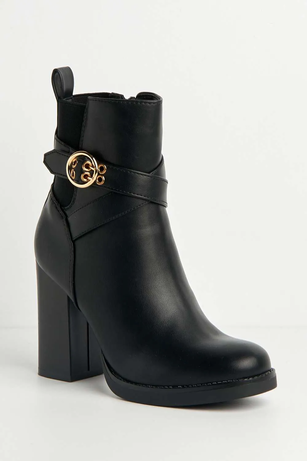 Dagny Buckle Detail Block Heel Boots in Black Matt