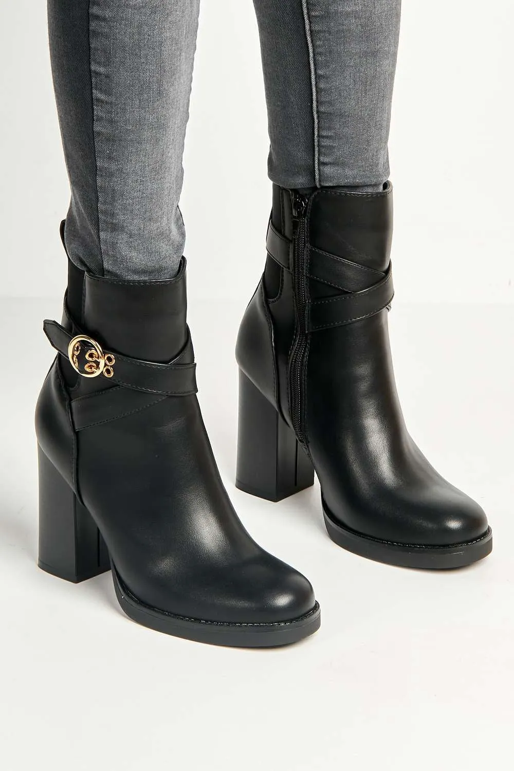 Dagny Buckle Detail Block Heel Boots in Black Matt