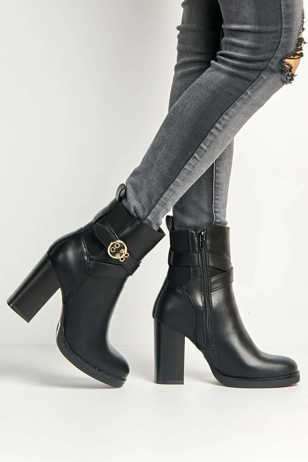 Dagny Buckle Detail Block Heel Boots in Black Matt