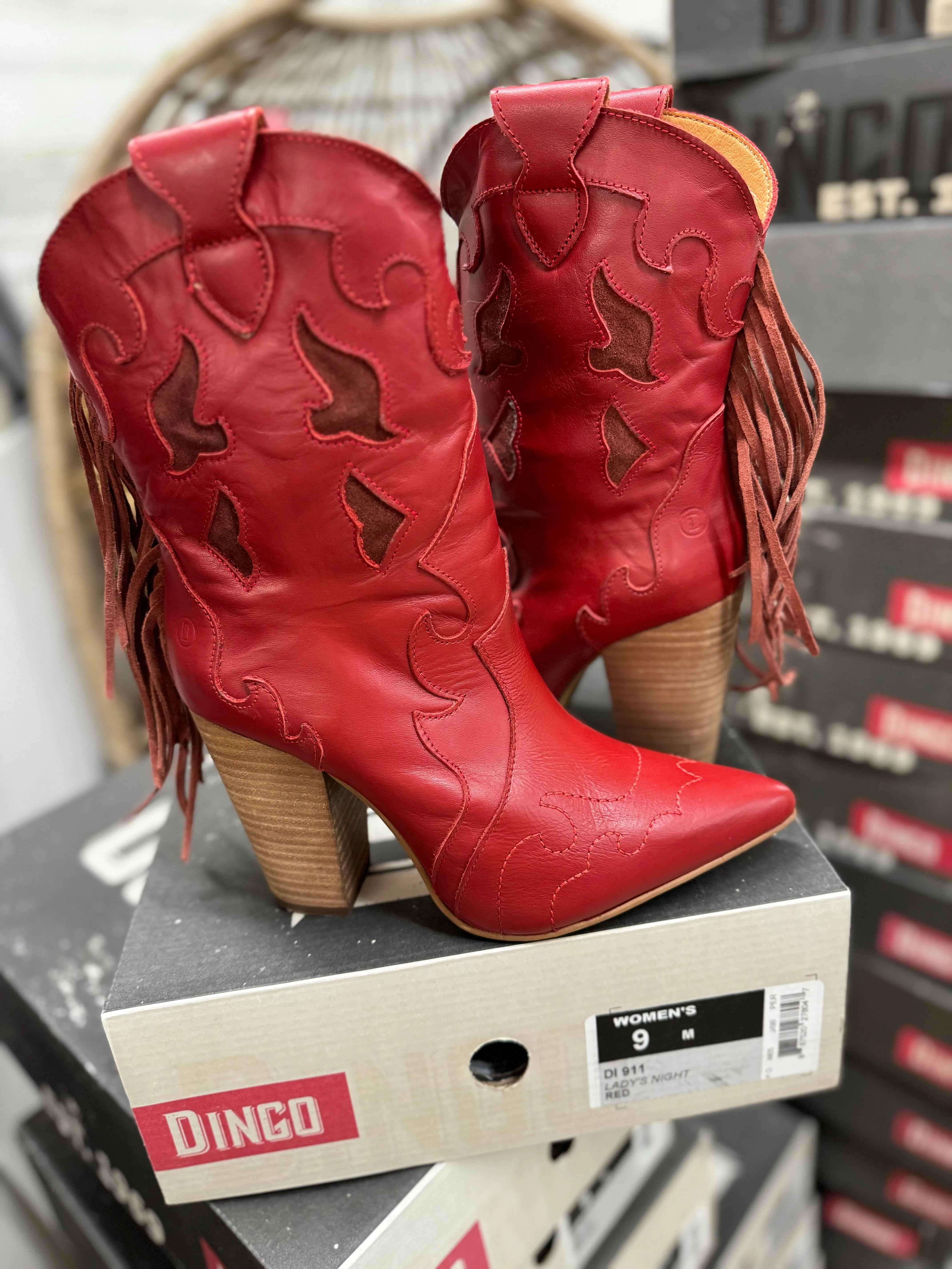 *DISCONTINUED* Dingo | Lady's Night Leather Ankle Booties in Red - Last Chance Size 9