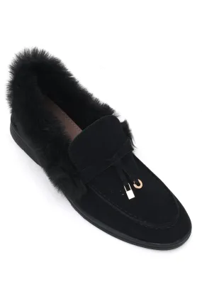 FUR SLIPONS-BLACK