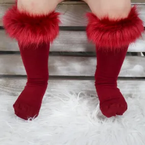 Meia Pata Fur Ruffle Bordeaux Knee Socks