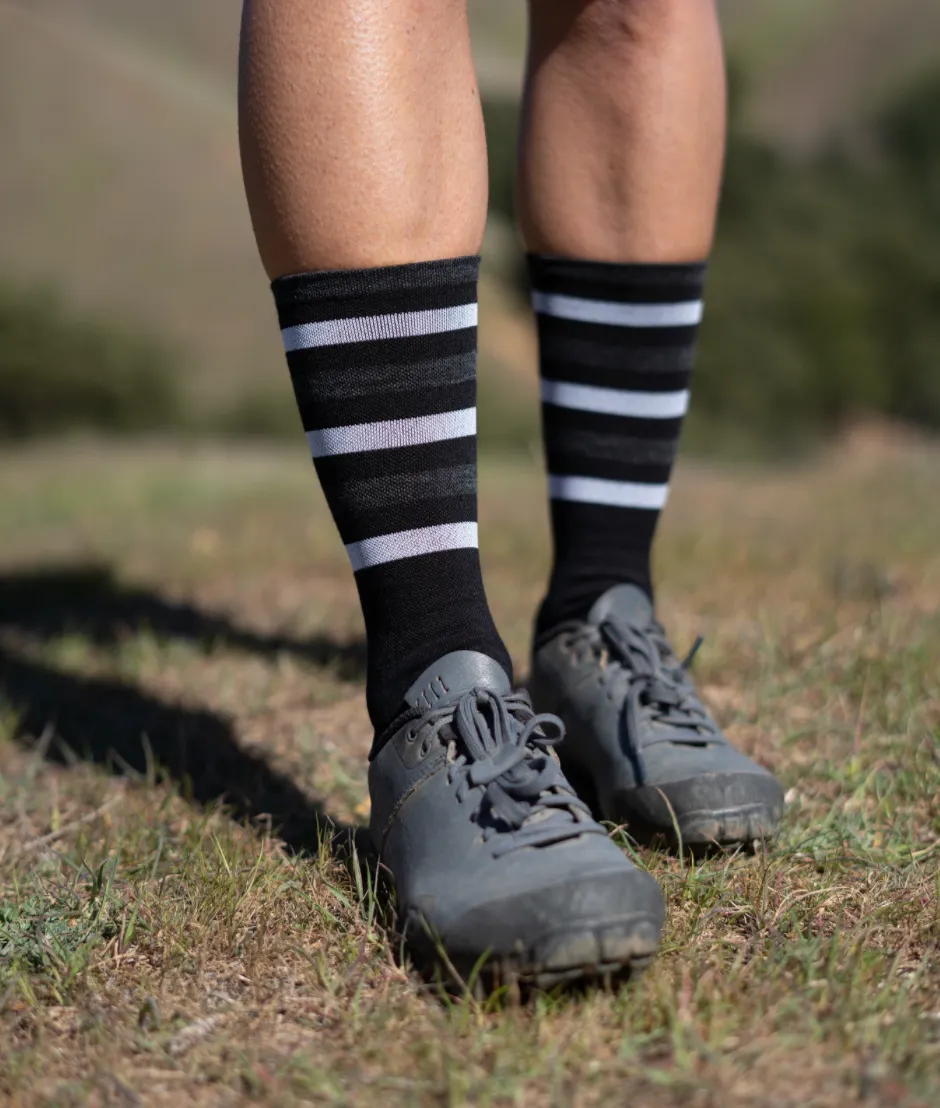 Merino Wool Socks - BLACK with White/Grey stripes