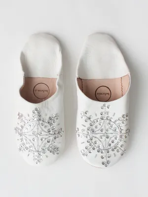 Moroccan Babouche Sequin Slippers, White and Silver