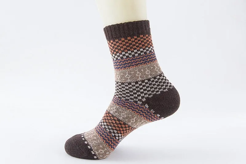 PEONFLY National Style Multi Colorful Geometric Square Printing Men Socks Autumn Winter Thick Rabbit Wool Warm Male Retro Socks