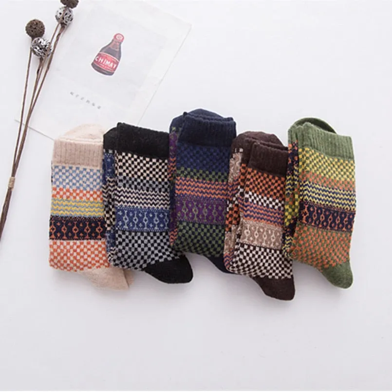 PEONFLY National Style Multi Colorful Geometric Square Printing Men Socks Autumn Winter Thick Rabbit Wool Warm Male Retro Socks