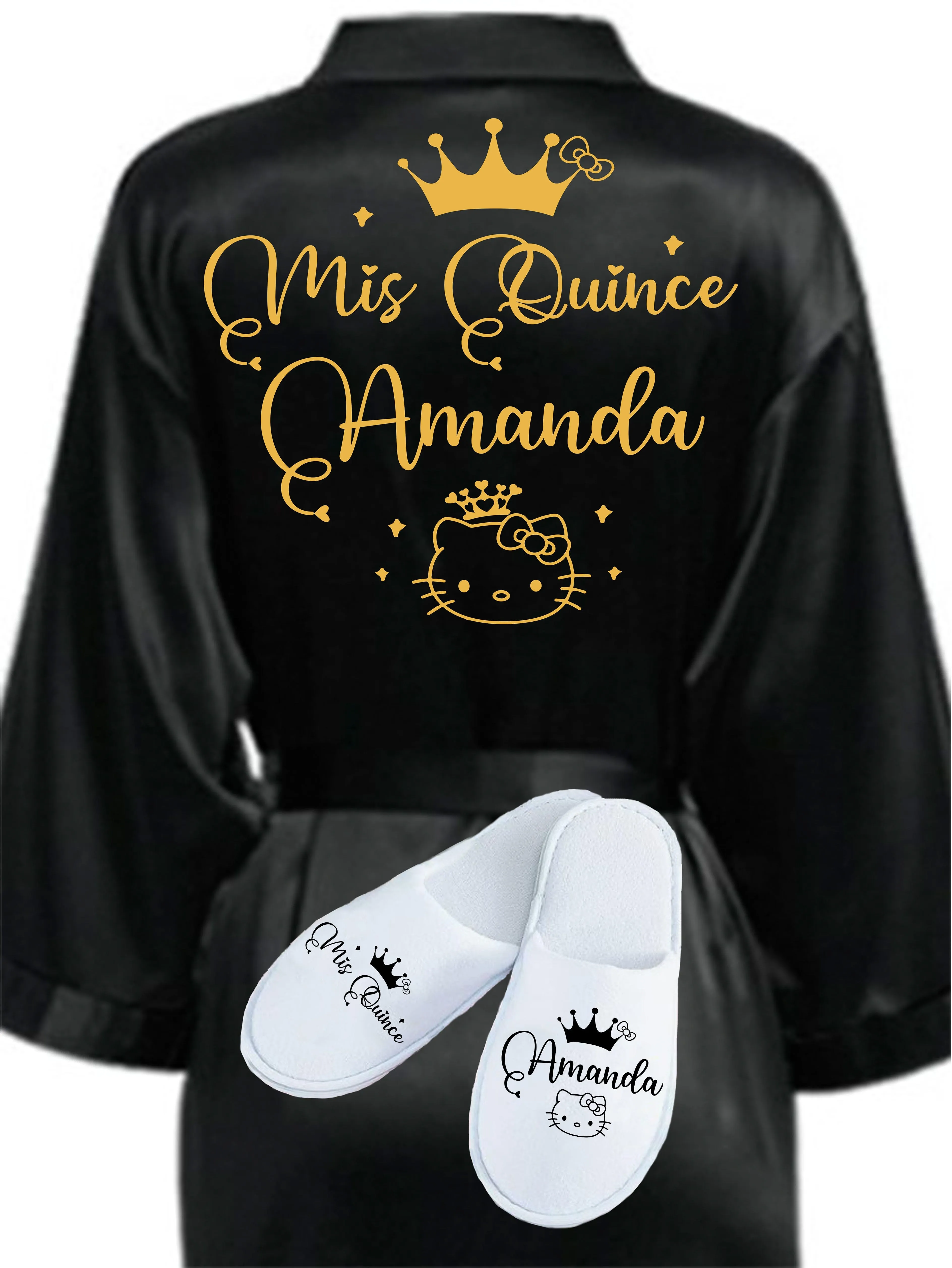 Quinceanera Black with Gold robe with slippers