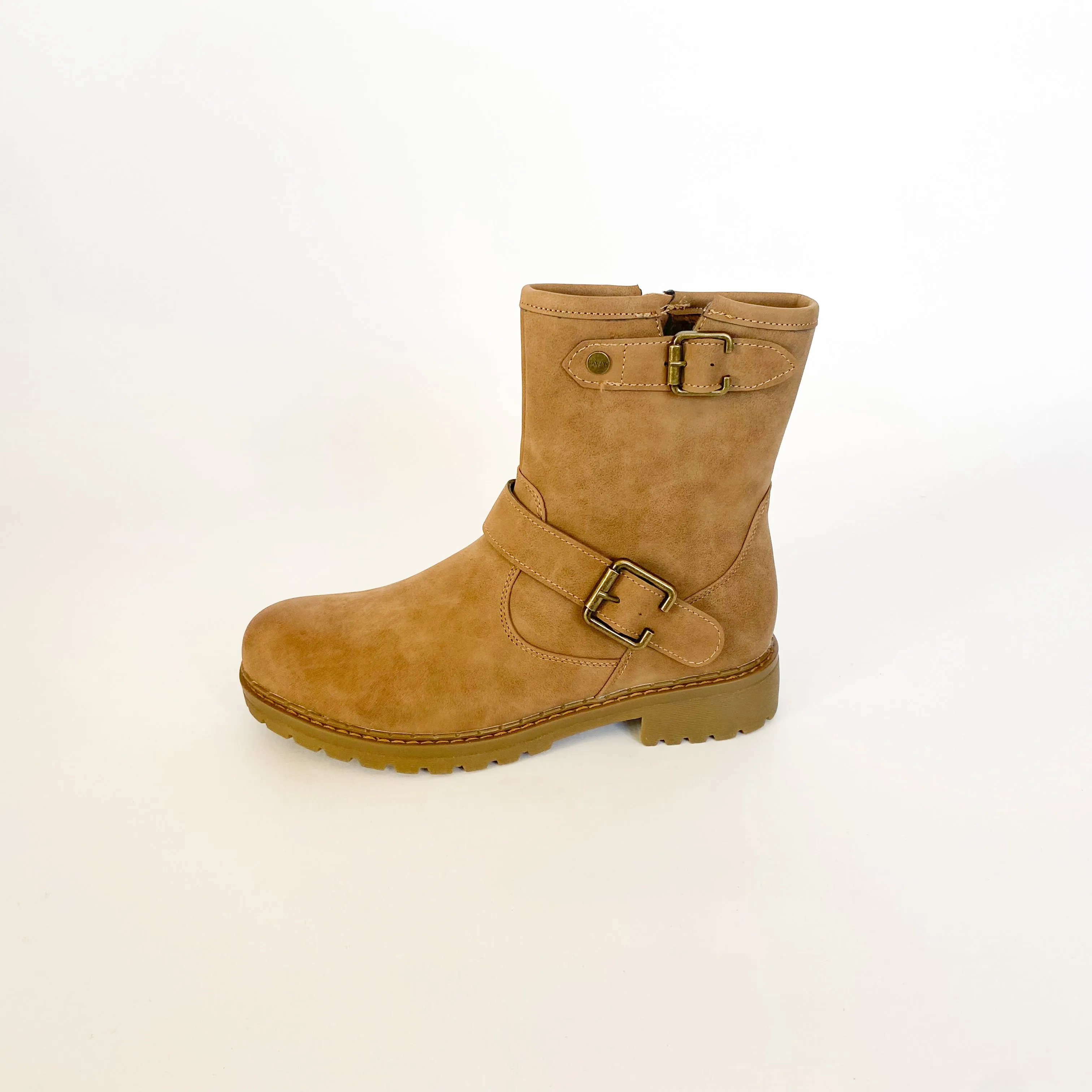 Savoy camel double buckle short boot