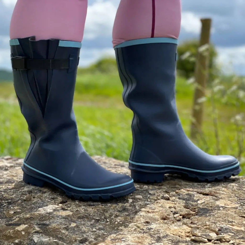 Wide Calf Wellies - Navy with Sky Blue Trim - Regular Fit in Foot and Ankle