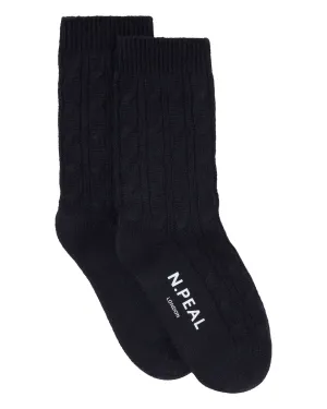 Women's Cable Cashmere House Socks Navy Blue